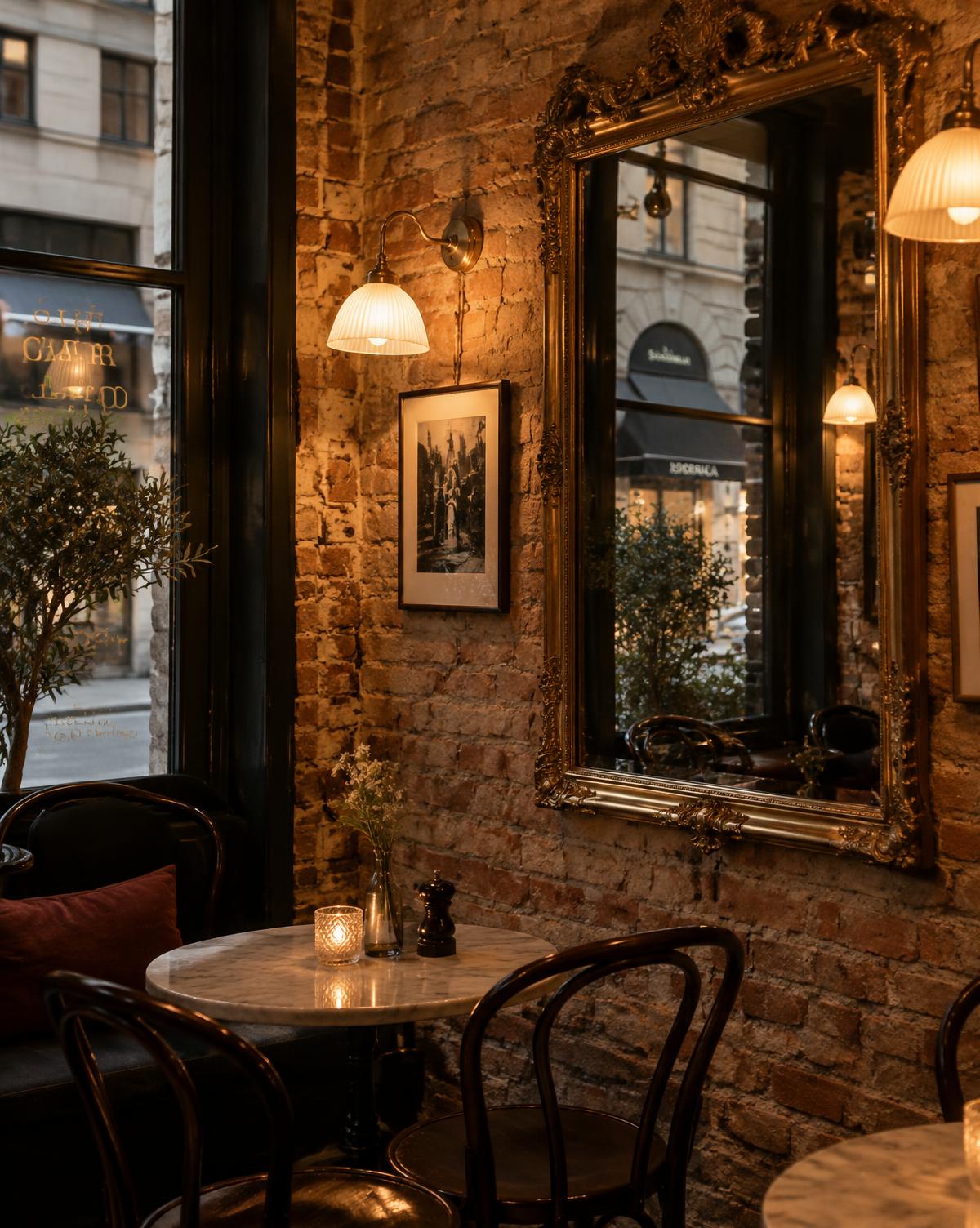 Café Fix Stockholm interiör med tegelvägg, guldram och varma lampor